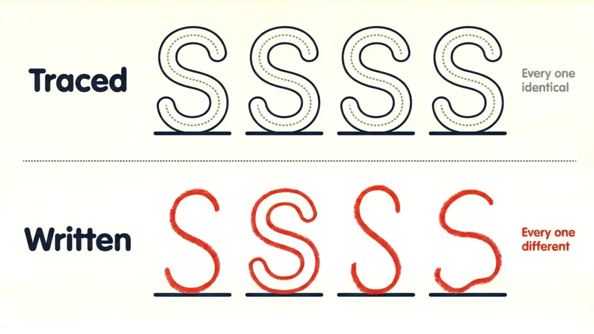 Tracing letters produces four identical S shapes while writing letters by hand produces four slightly different S shapes