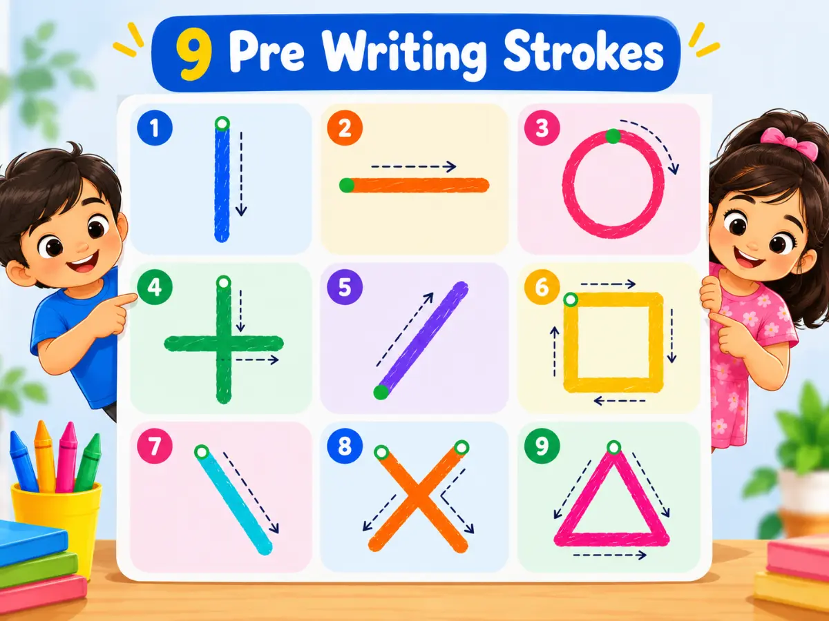 Chart of the 9 pre writing strokes in order: vertical line, horizontal line, circle, cross, right diagonal, square, left diagonal, X and triangle