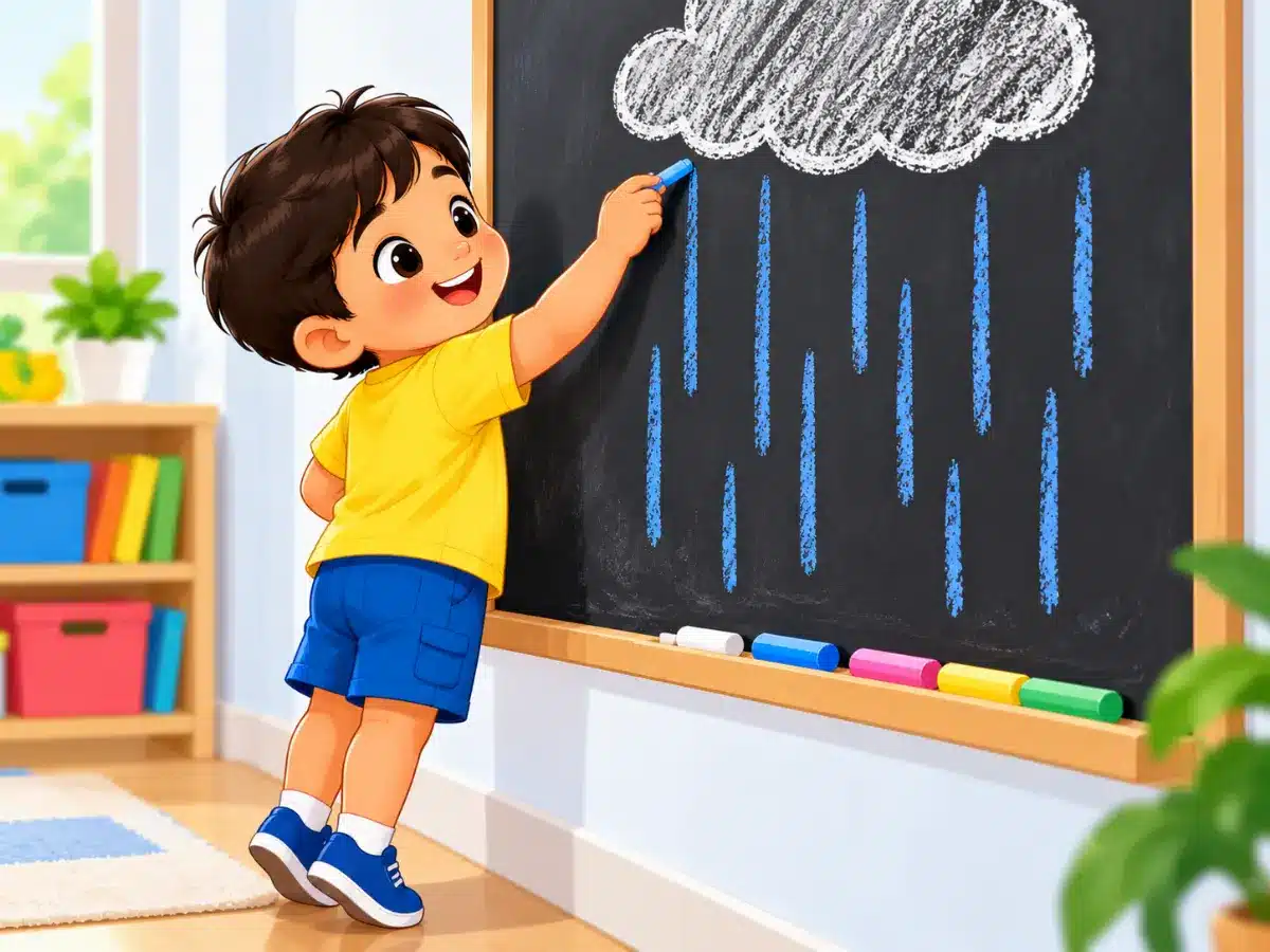 Preschool boy practising pre writing strokes, drawing vertical rain lines on a wall chalkboard