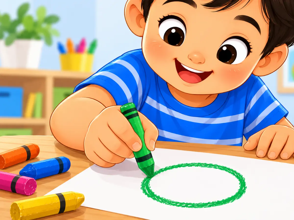 Preschooler practising pre writing strokes, drawing a circle with an early tripod grip