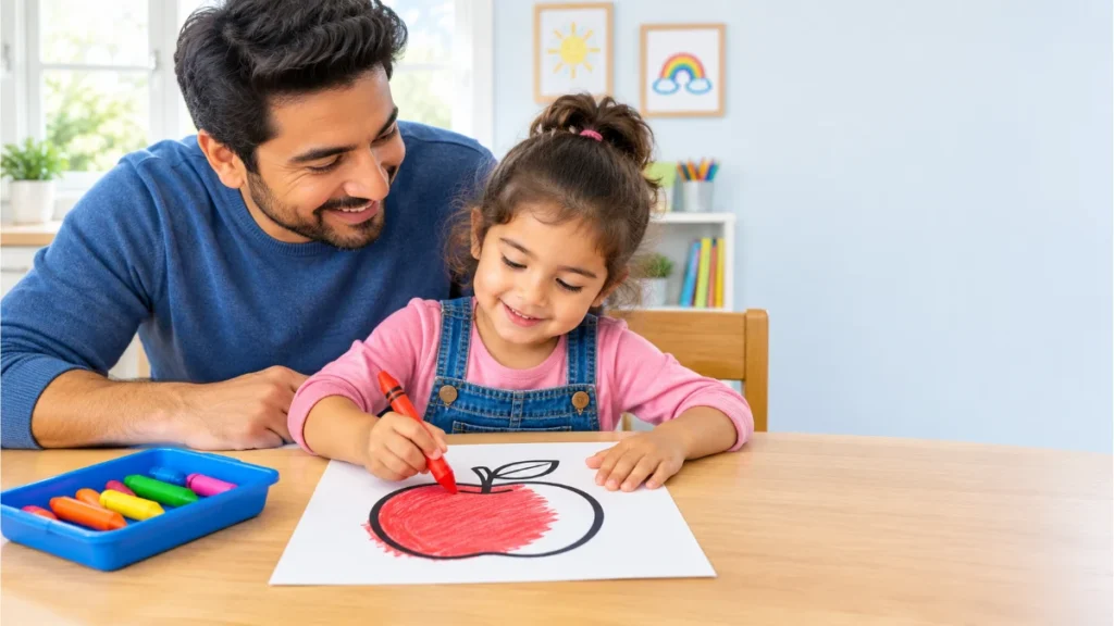 coloring inside the lines – a 4-year-old girl carefully coloring a thick-outlined apple with a chunky red crayon while her dad watches