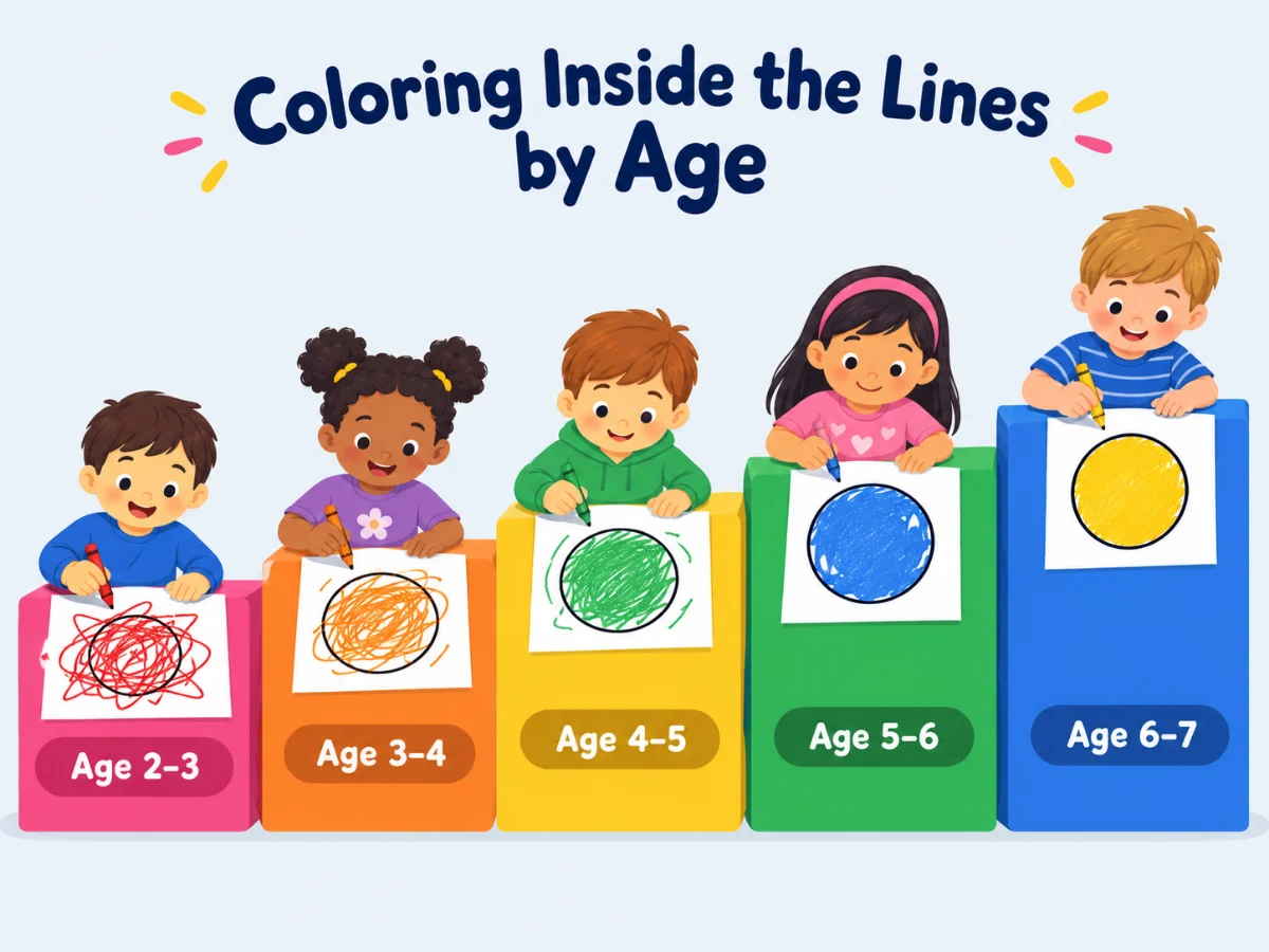 coloring inside the lines by age infographic – five children on rising steps show coloring from wild scribbles at age 2 to 3 to neat coloring at age 6 to 7