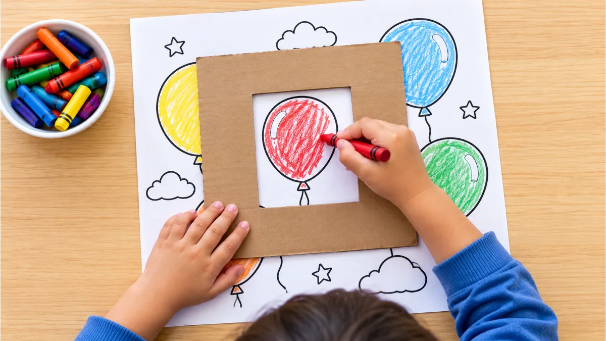 coloring inside the lines with a cardboard window – a cut-out cardboard frame covers a balloon coloring page so a child colors just one balloon red