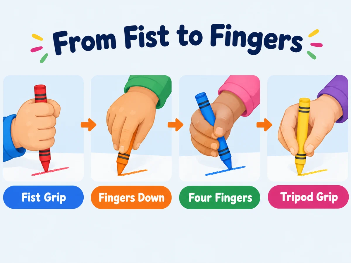 coloring inside the lines crayon grip stages infographic showing fist grip, fingers down, four fingers and tripod grip
