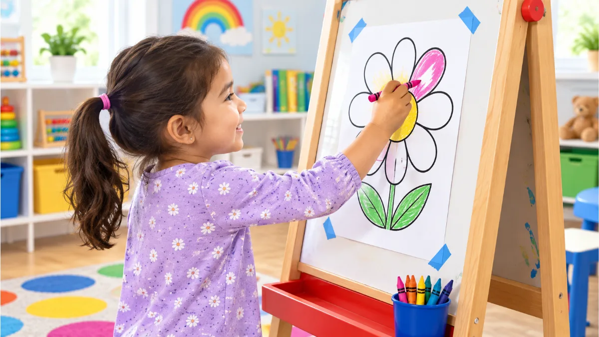 coloring inside the lines on an easel – a smiling girl stands and colors a taped-up flower page pink on a wooden easel
