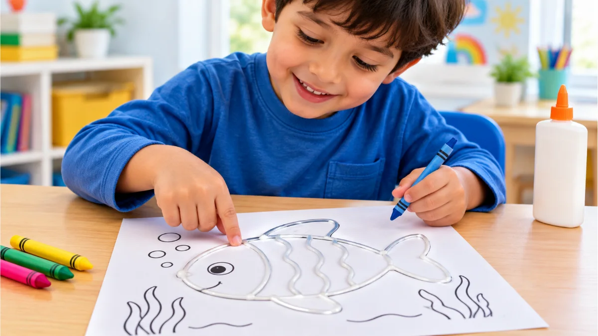 coloring inside the lines with a dried glue border – a smiling boy runs his finger along the raised glue outline of a fish before coloring it