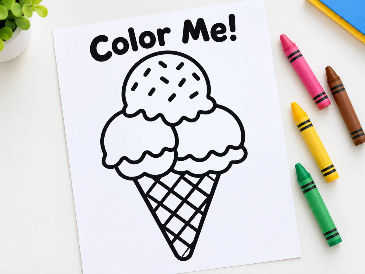 coloring inside the lines printable coloring page mockup – a Color Me! ice cream cone with thick black outlines beside pink, brown, yellow and green crayons