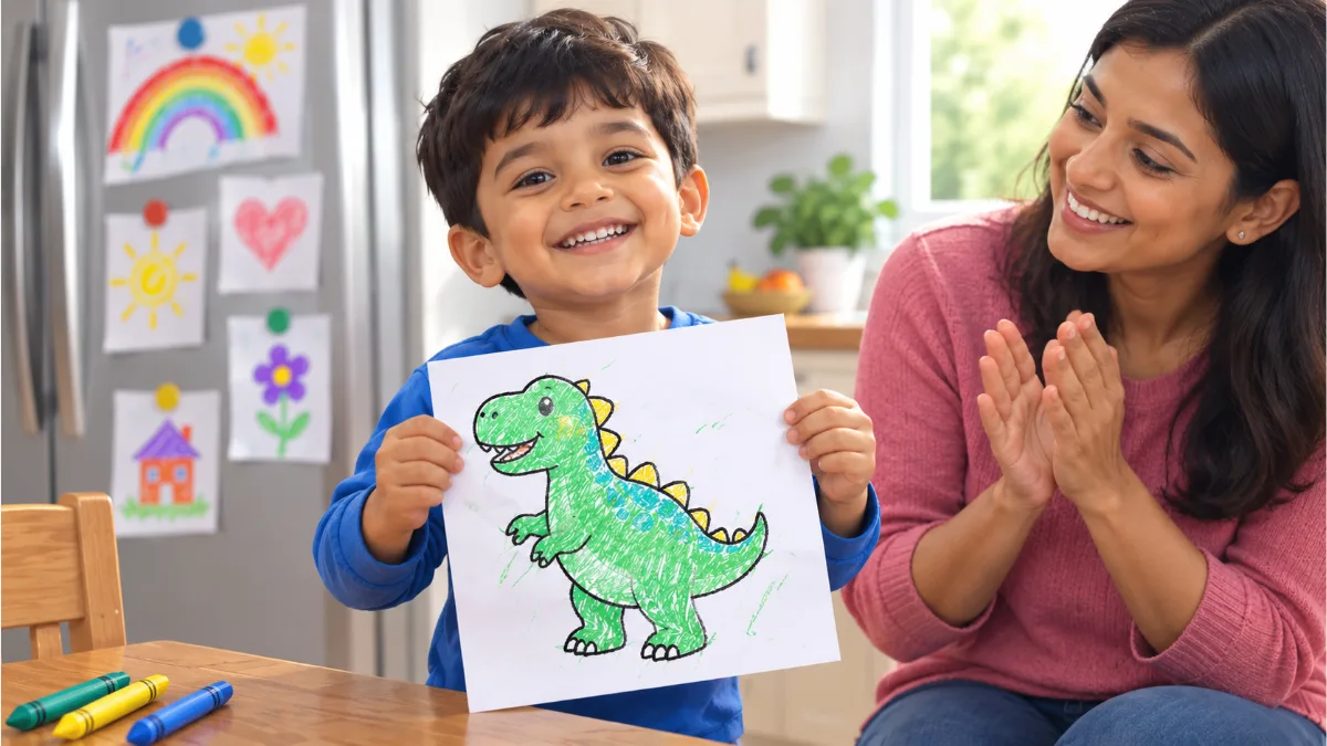coloring inside the lines progress – a proud boy holds up his green dinosaur coloring page while his mom claps beside him