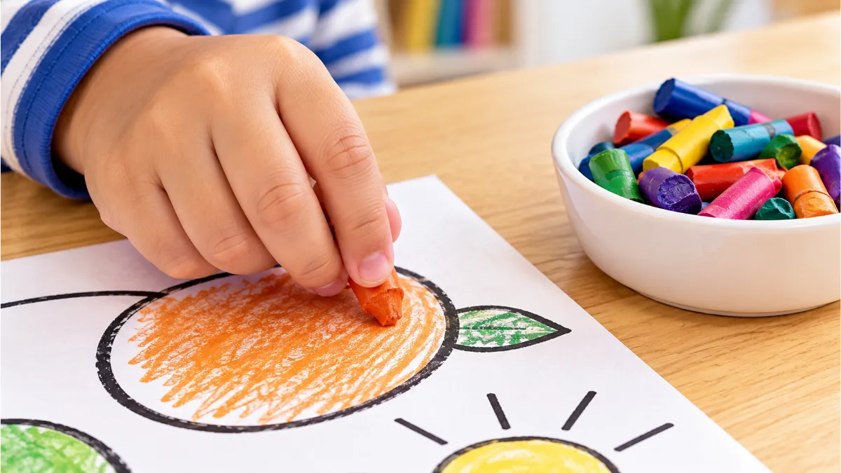 coloring inside the lines with small crayon pieces – a child's fingers pinch a short orange crayon to fill a thick-outlined circle, with a bowl of broken crayons nearby