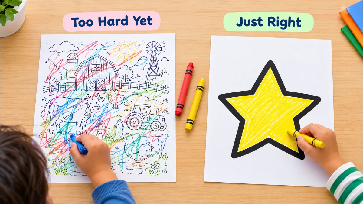 coloring inside the lines comparison – a scribbled busy farm coloring page labeled Too Hard Yet next to a neatly colored thick-bordered star labeled Just Right