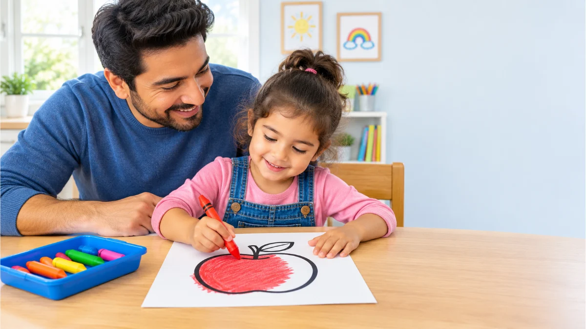 coloring inside the lines – a young girl colors a thick-outlined apple with a red crayon while her dad smiles beside her