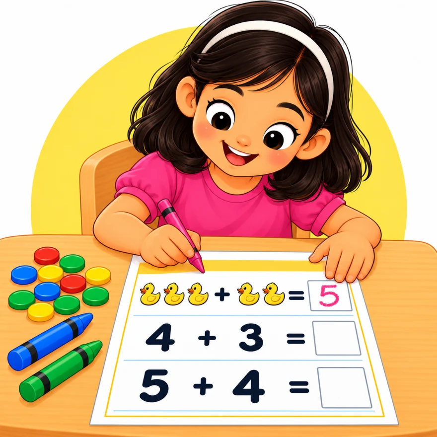 Free addition worksheets for kindergarten with a girl adding ducks and writing simple sums next to colourful counters