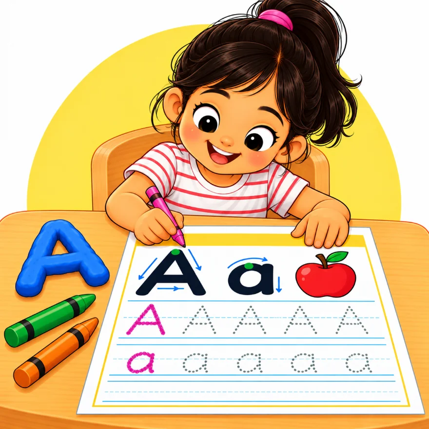 Free alphabet tracing worksheets for kids with a girl tracing dotted capital A and small a next to a red apple