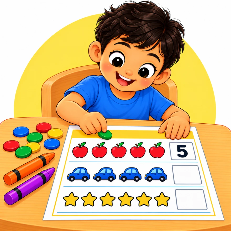 Free counting numbers worksheets for kindergarten with a boy hopping a toy frog along a number line from 0 to 10