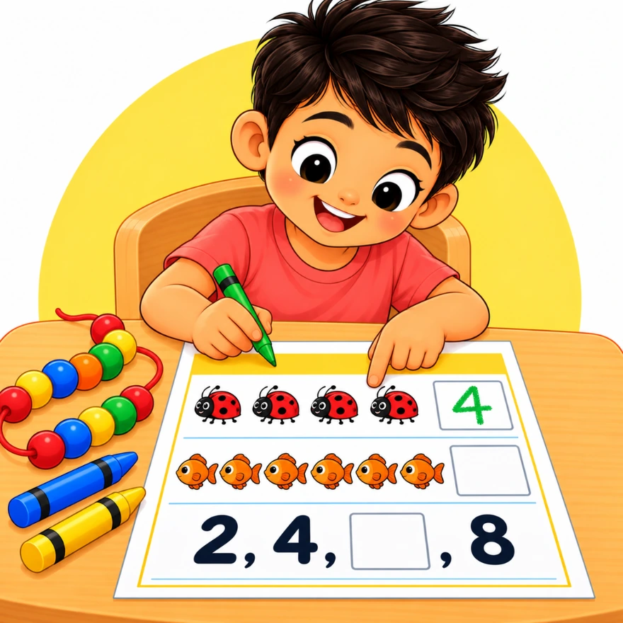 Free counting worksheets for kindergarten with a boy counting ladybirds and fish and writing the numbers