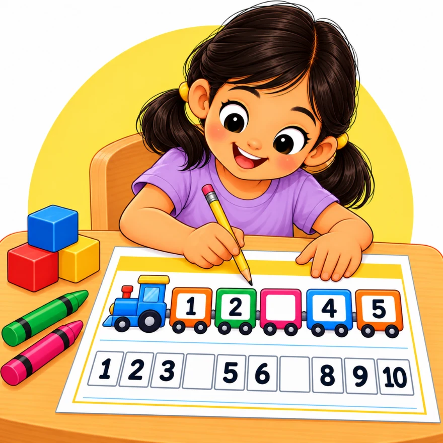 Free missing number worksheets for kids with a girl writing the missing numbers on a number train from 1 to 10
