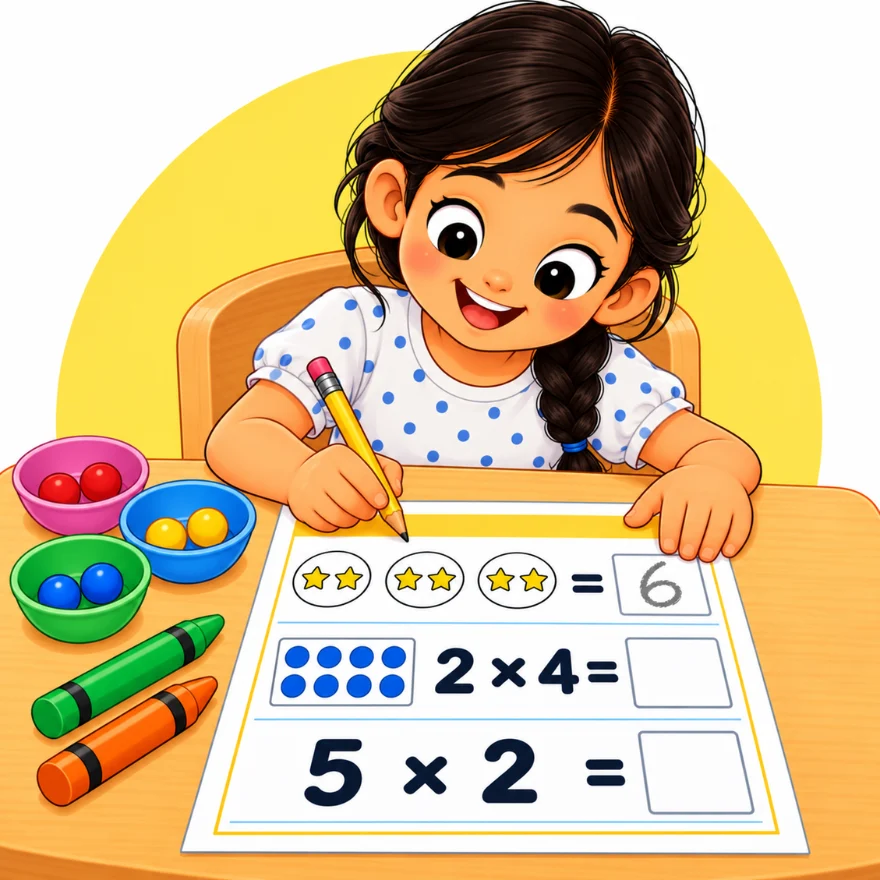 Free multiplication worksheets for kids with a girl solving equal groups, arrays and times table sums on a worksheet