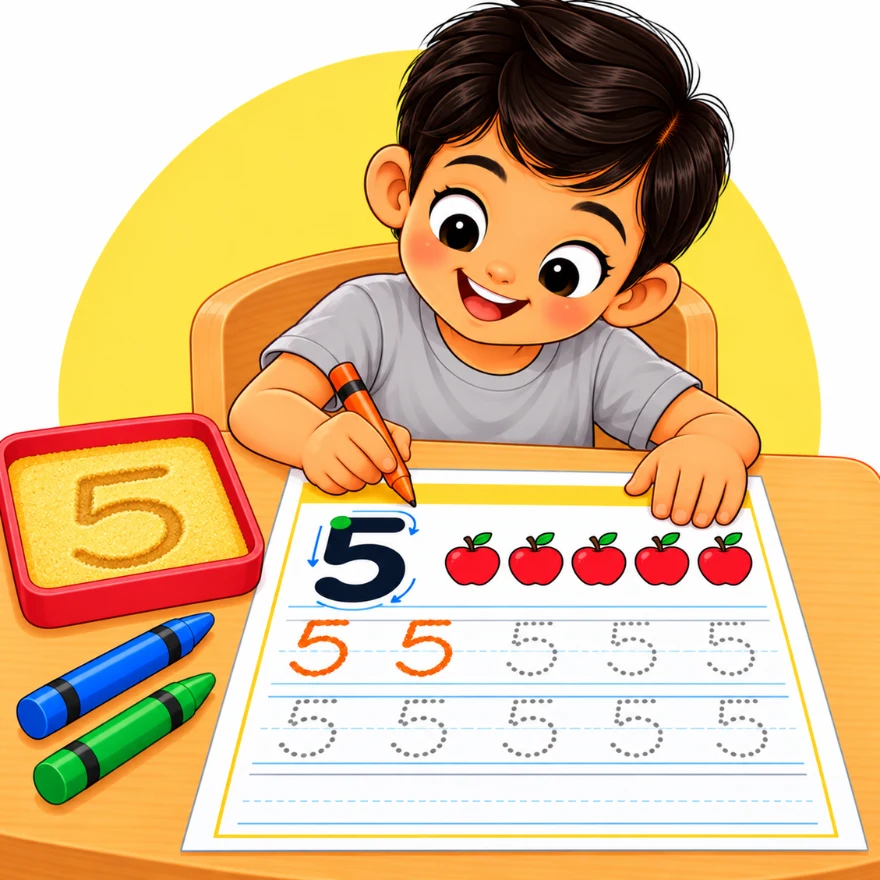 Free number tracing worksheets for kindergarten with a boy tracing dotted number 5 using a start dot and arrows