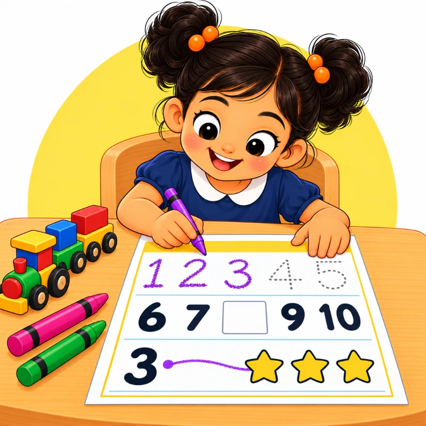 Free number worksheets for kindergarten with a girl tracing numbers 1 to 5 and filling in missing numbers