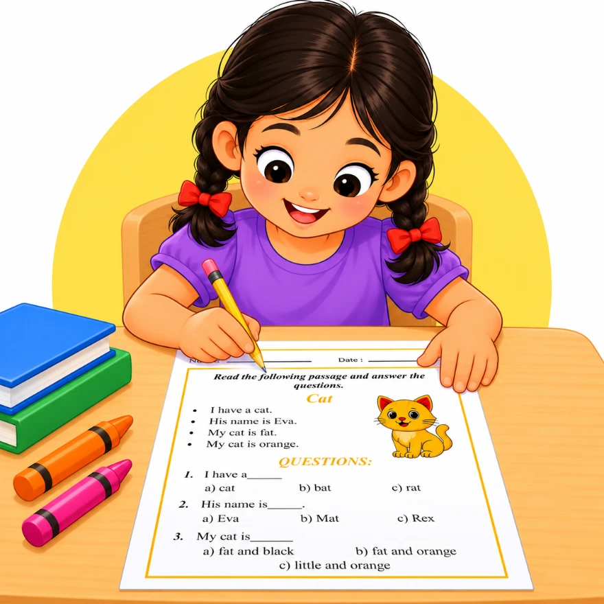 Free reading comprehension worksheets for kids with a girl reading a short cat passage and circling A, B, C answers with a pencil