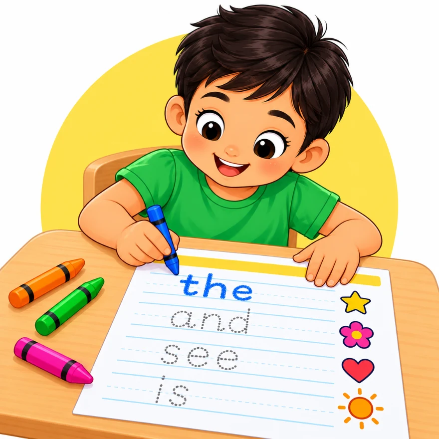 Free sight words worksheets for kindergarten with a boy tracing the dotted words the, and, see and is using a blue crayon