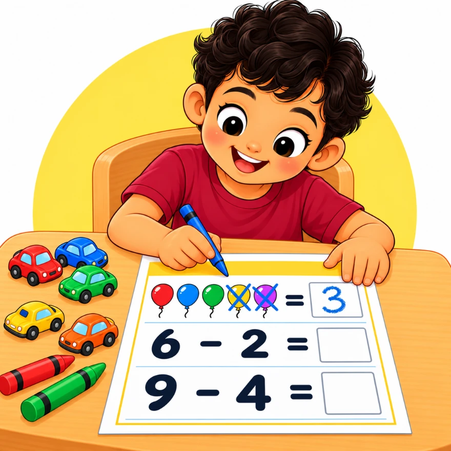 Free subtraction worksheets for kids with a boy crossing out balloons and solving take-away sums on a printable worksheet