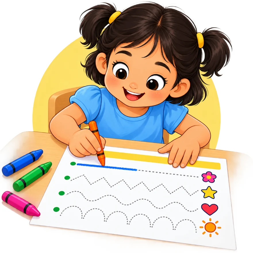 Free tracing lines worksheets for preschool with a girl tracing dotted straight, zigzag and wavy lines using an orange crayon