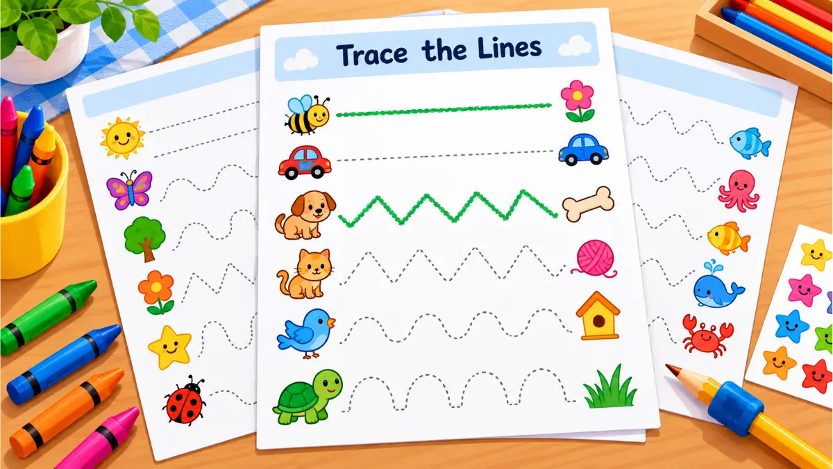 Free pre writing strokes worksheets - tracing lines printables for preschool with crayons