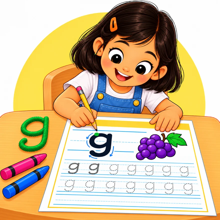 Lowercase letter tracing worksheets for kids with a girl tracing a dotted small g on writing lines next to grapes