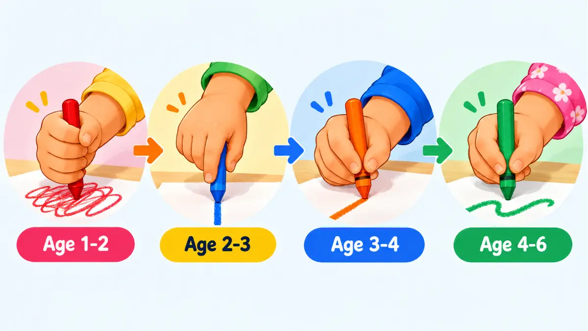 Pencil grip stages for pre writing strokes, from fist grip to mature tripod grip