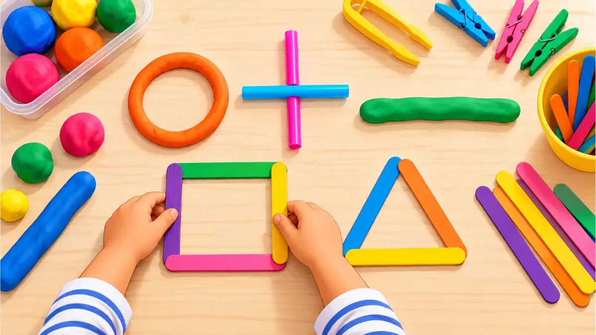 Pre writing strokes activities with playdough, ice-cream sticks and straws forming a circle, cross, square and triangle