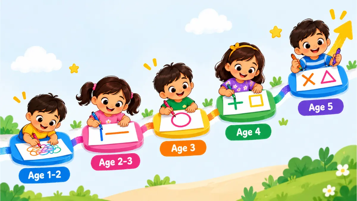 Pre writing strokes age timeline from scribbling at age 1 to drawing a triangle at age 5