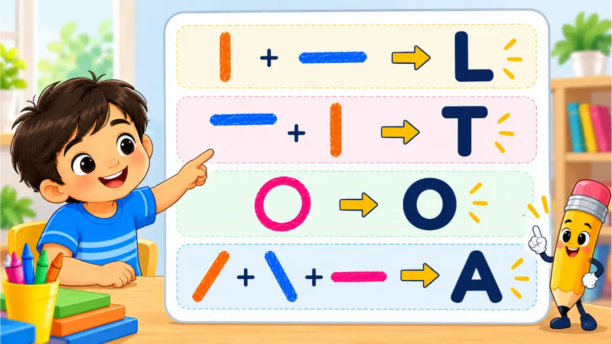 How pre writing strokes combine to make the letters L, T, O and A