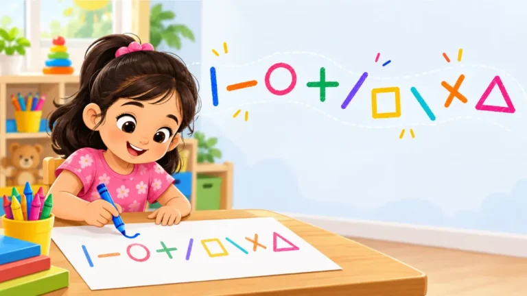 Pre writing strokes - preschool girl drawing lines, circle, cross and triangle before learning ABC