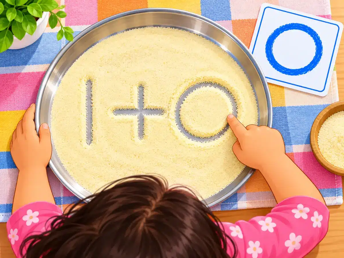 Child practising pre writing strokes with one finger in a rava (semolina) tray