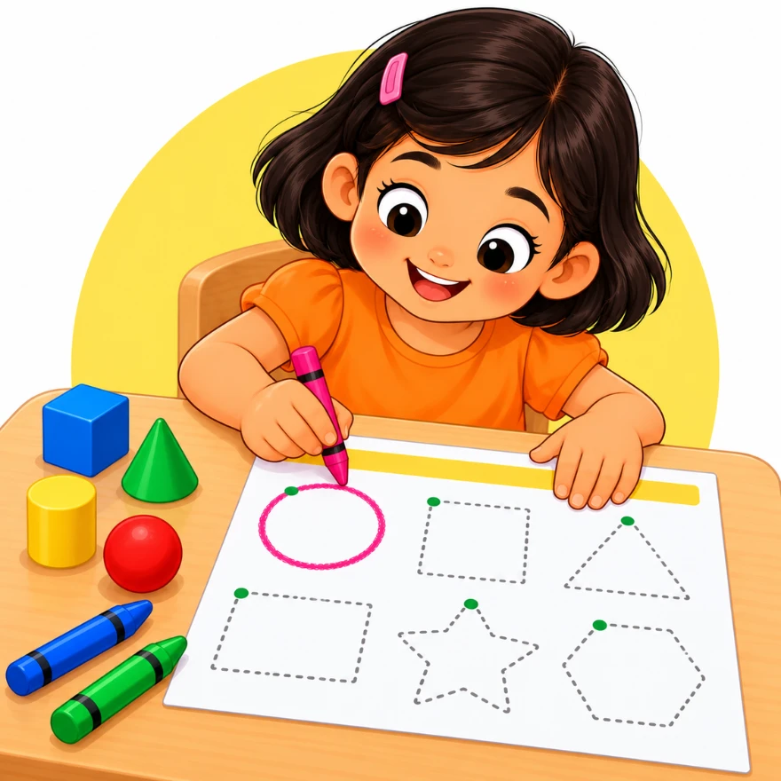 Shapes worksheets for kids with a girl tracing dotted circles, squares and triangles next to wooden 3D shape blocks
