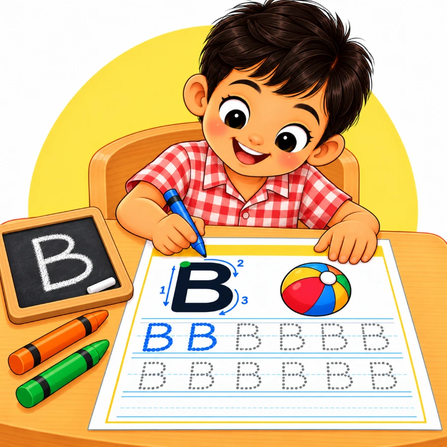 Uppercase letter tracing worksheets for kids with a boy tracing a dotted capital B with numbered strokes next to a ball